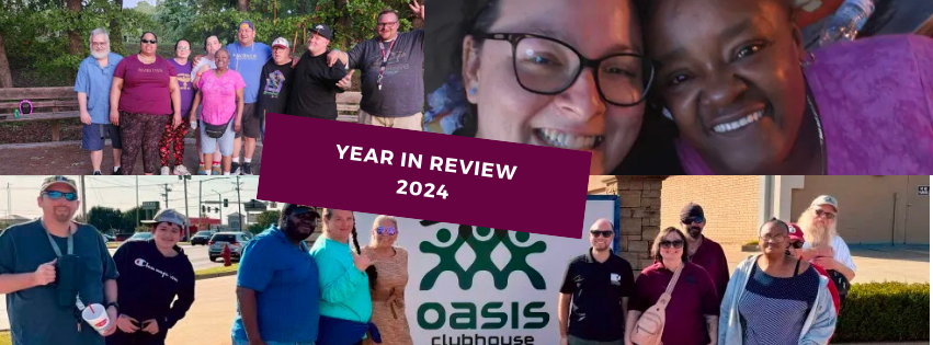 A Collage of three photos from events in the year 2024 showing a group standing at a campsite, two colleagues sharing an embrace, and a group of colleagues in front of a sign at a Clubhouse opening.
